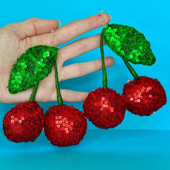 DiscoFruits Plush Sparkly Sequin Statement Disco Cherry Earrings in Red & Green - Picture 3 of 5